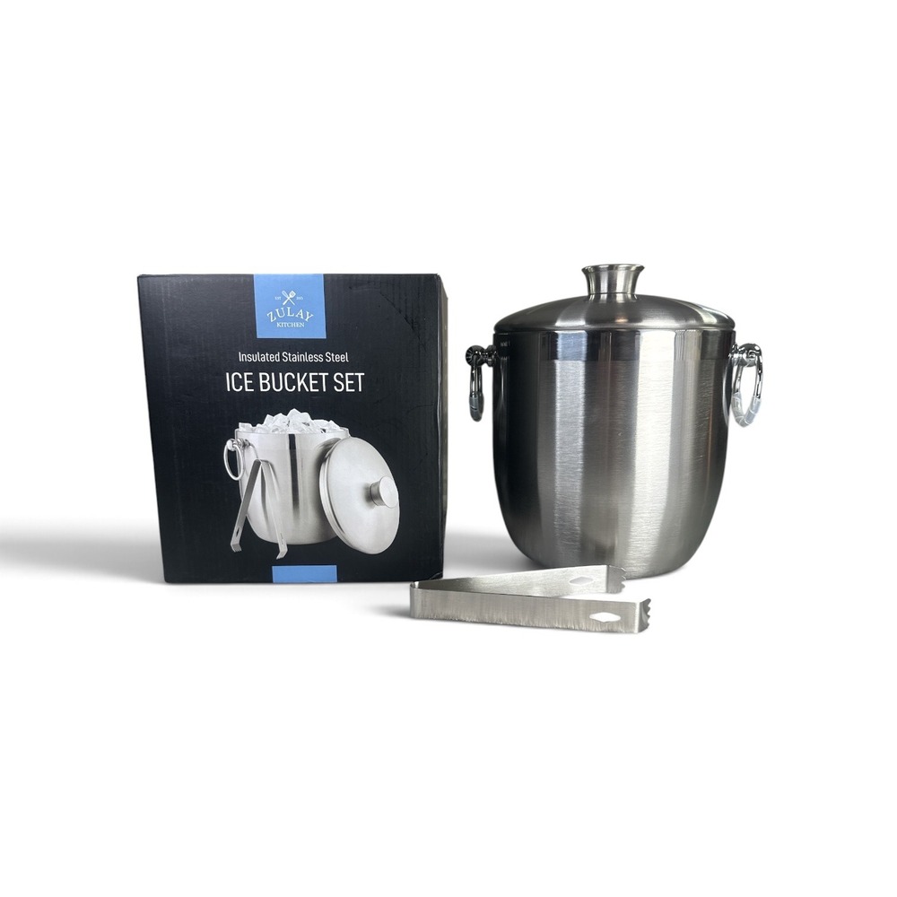Zulay Kitchen Insulated Stainless Steel Ice Bucket Set with Lid Tongs Strainer